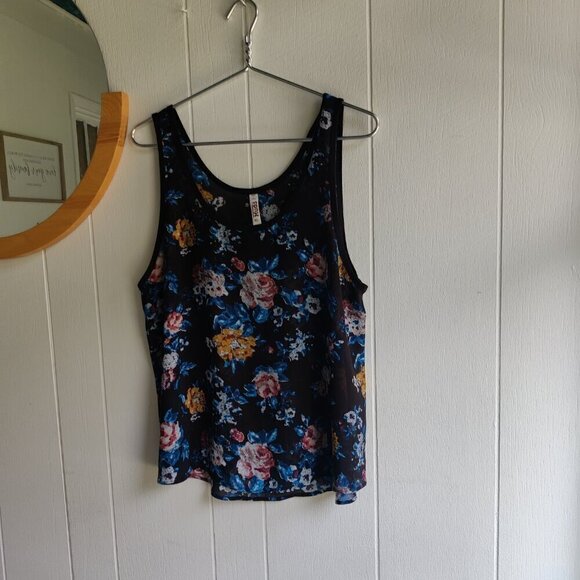 Floral Top by Mudd, Sheer Navy Blue Floral has a black bias edge at neck and arm - Picture 5 of 5